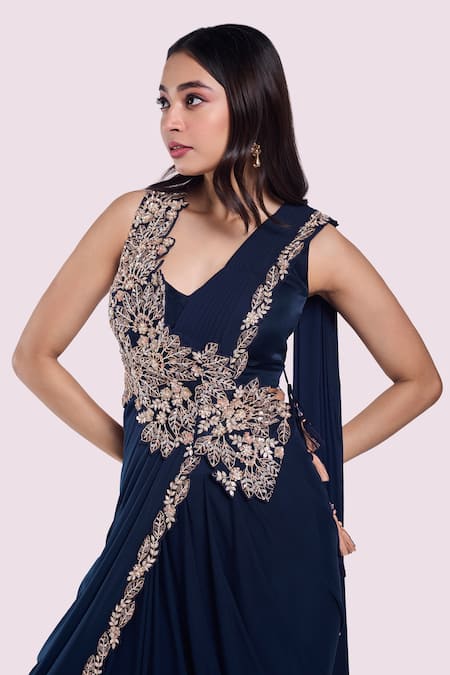 Buy Onaya Blue Lycra Sequins, Cut Work Leaf Embellished Pre-draped Saree With Blouse Online at Aza Fashions Buy_Onaya_Blue Lycra Sequins, Cut Work Leaf Embellished Pre-draped Saree With Blouse _Online_at_Aza_Fashions