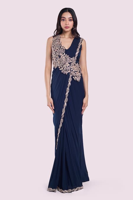 Shop Onaya Blue Lycra Sequins, Cut Work Leaf Embellished Pre-draped Saree With Blouse Online at Aza Fashions Shop_Onaya_Blue Lycra Sequins, Cut Work Leaf Embellished Pre-draped Saree With Blouse _Online_at_Aza_Fashions