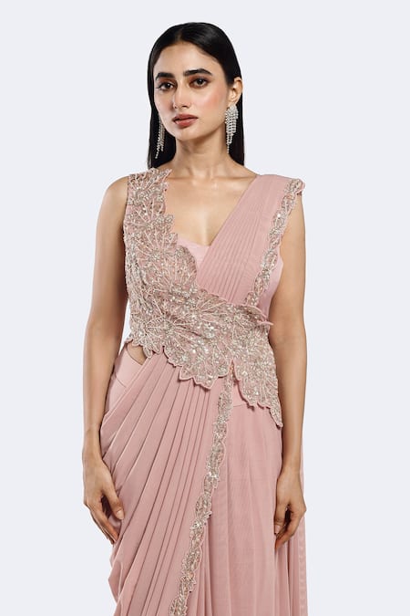 Buy Onaya Pink Lycra Cut Work, Sequins Leaf Embellished Hem Pre-draped Saree With Blouse Online at Aza Fashions Buy_Onaya_Pink Lycra Cut Work, Sequins Leaf Embellished Hem Pre-draped Saree With Blouse _Online_at_Aza_Fashions