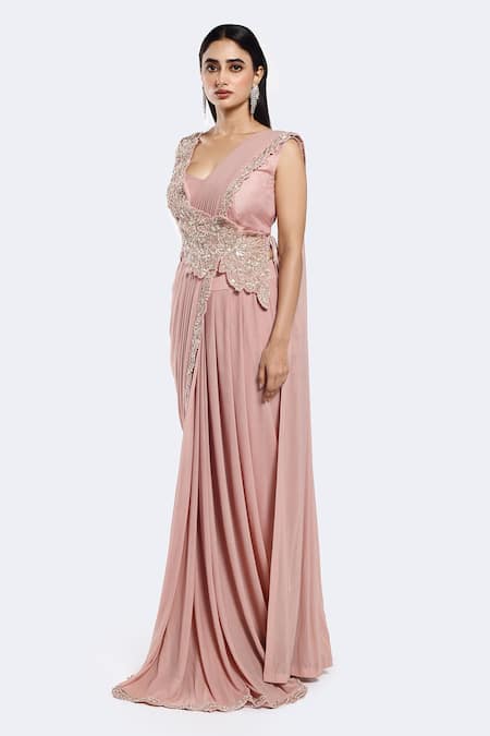 Shop Onaya Pink Lycra Cut Work, Sequins Leaf Embellished Hem Pre-draped Saree With Blouse Online at Aza Fashions Shop_Onaya_Pink Lycra Cut Work, Sequins Leaf Embellished Hem Pre-draped Saree With Blouse _Online_at_Aza_Fashions