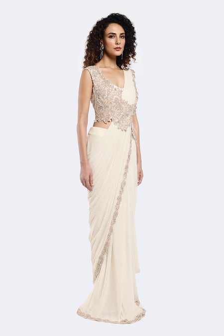 Onaya Ivory Lycra Sequins, Cut Attached Embellished Sash Pre-draped Saree With Blouse Online at Aza Fashions Onaya_Ivory Lycra Sequins, Cut Attached Embellished Sash Pre-draped Saree With Blouse _Online_at_Aza_Fashions