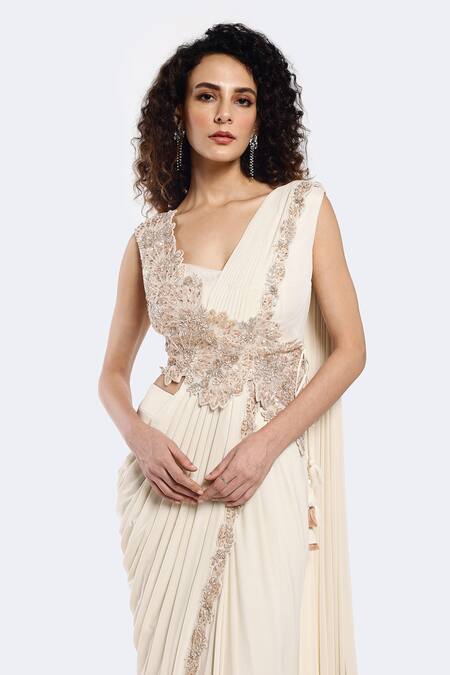 Buy Onaya Ivory Lycra Sequins, Cut Attached Embellished Sash Pre-draped Saree With Blouse Online at Aza Fashions Buy_Onaya_Ivory Lycra Sequins, Cut Attached Embellished Sash Pre-draped Saree With Blouse _Online_at_Aza_Fashions