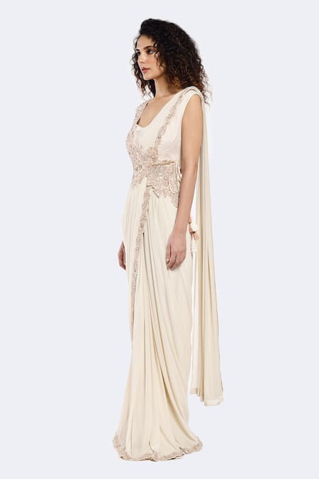 Shop Onaya Ivory Lycra Sequins, Cut Attached Embellished Sash Pre-draped Saree With Blouse Online at Aza Fashions Shop_Onaya_Ivory Lycra Sequins, Cut Attached Embellished Sash Pre-draped Saree With Blouse _Online_at_Aza_Fashions