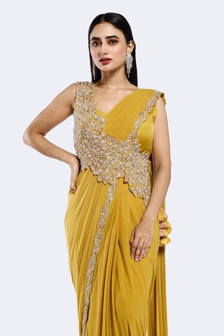 Onaya_Yellow Lycra, Net Attached Embellished Sash Pre-draped Saree With Blouse _Online_at_Aza_Fashions