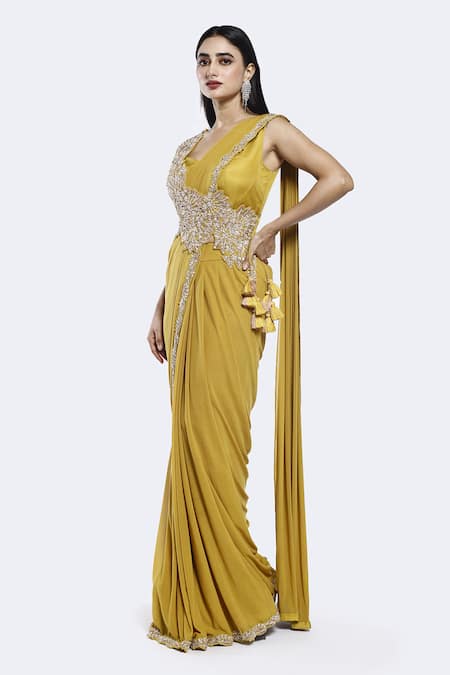 Buy_Onaya_Yellow Lycra, Net Attached Embellished Sash Pre-draped Saree With Blouse _Online_at_Aza_Fashions