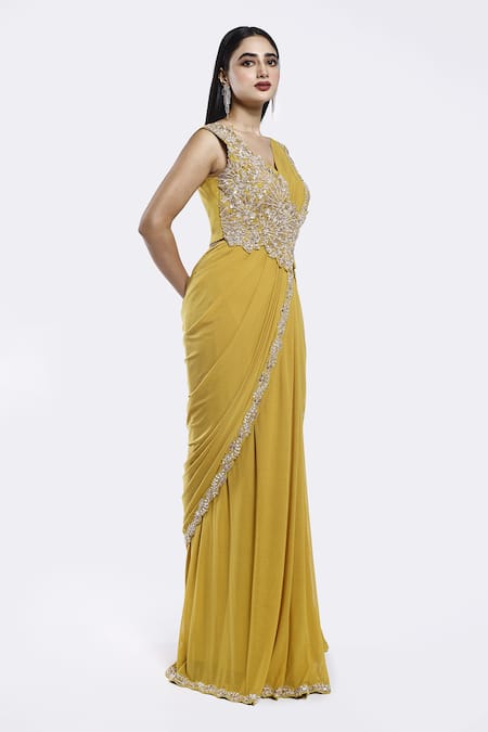 Shop_Onaya_Yellow Lycra, Net Attached Embellished Sash Pre-draped Saree With Blouse _Online_at_Aza_Fashions