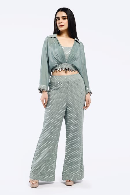 Onaya Embellished Mirrorwork Cropped Shirt With Pant 