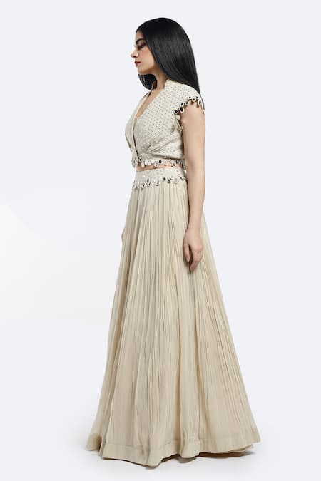Shop_Onaya_Ivory Georgette Embellished Mirrorwork Jacket Mandarin Collar Crop Lehenga Set _Online_at_Aza_Fashions