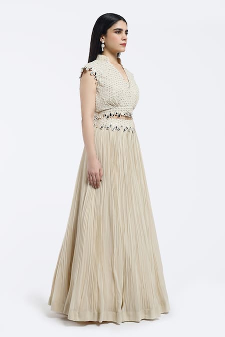 Onaya_Ivory Georgette Embellished Mirrorwork Jacket Mandarin Collar Crop Lehenga Set _at_Aza_Fashions