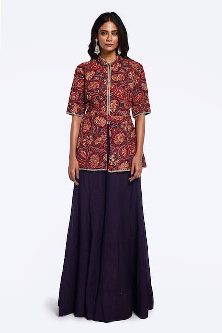 Onaya Silk Floral Print Peplum Kurta With Flared Pant 