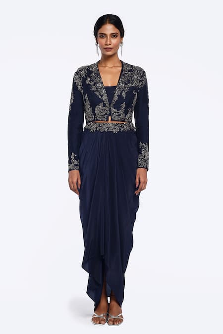 Onaya Blue Silk, Crepe Pearls, Floral Patterned Embellished Blazer Dhoti Skirt Set