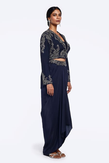 Buy Onaya Blue Silk, Crepe Pearls, Floral Patterned Embellished Blazer Dhoti Skirt Set Online at Aza Fashions Buy_Onaya_Blue Silk, Crepe Pearls, Floral Patterned Embellished Blazer Dhoti Skirt Set _Online_at_Aza_Fashions