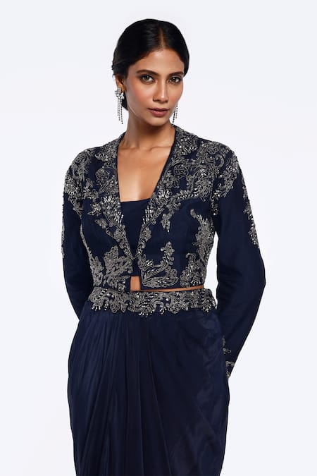 Shop Onaya Blue Silk, Crepe Pearls, Floral Patterned Embellished Blazer Dhoti Skirt Set Online at Aza Fashions Shop_Onaya_Blue Silk, Crepe Pearls, Floral Patterned Embellished Blazer Dhoti Skirt Set _Online_at_Aza_Fashions