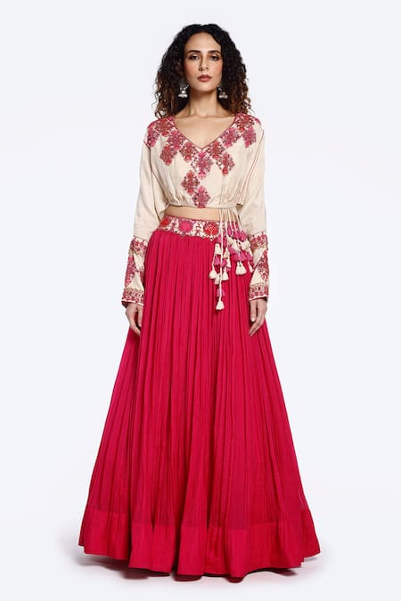 Onaya Mirrorwork Tassel Crop Top With Skirt 