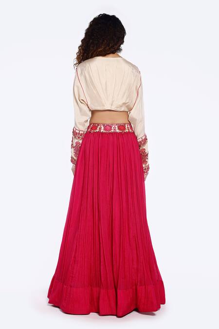 Shop Onaya Pink Embellished Mirrorwork V-neck Tassel Crop Top With Skirt at Aza Fashions Shop_Onaya_Pink Embellished Mirrorwork V-neck Tassel Crop Top With Skirt_at_Aza_Fashions