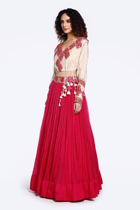 Onaya Pink Embellished Mirrorwork V-neck Tassel Crop Top With Skirt Online at Aza Fashions Onaya_Pink Embellished Mirrorwork V-neck Tassel Crop Top With Skirt_Online_at_Aza_Fashions