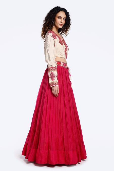 Buy Onaya Pink Embellished Mirrorwork V-neck Tassel Crop Top With Skirt Online at Aza Fashions Buy_Onaya_Pink Embellished Mirrorwork V-neck Tassel Crop Top With Skirt_Online_at_Aza_Fashions