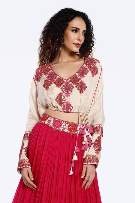 Shop Onaya Pink Embellished Mirrorwork V-neck Tassel Crop Top With Skirt Online at Aza Fashions Shop_Onaya_Pink Embellished Mirrorwork V-neck Tassel Crop Top With Skirt_Online_at_Aza_Fashions