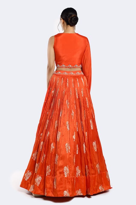 Shop Onaya Orange Brocade, Silk Pearls, Floral Patterned Lehenga With Embellished Blouse at Aza Fashions Shop_Onaya_Orange Brocade, Silk Pearls, Floral Patterned Lehenga With Embellished Blouse _at_Aza_Fashions