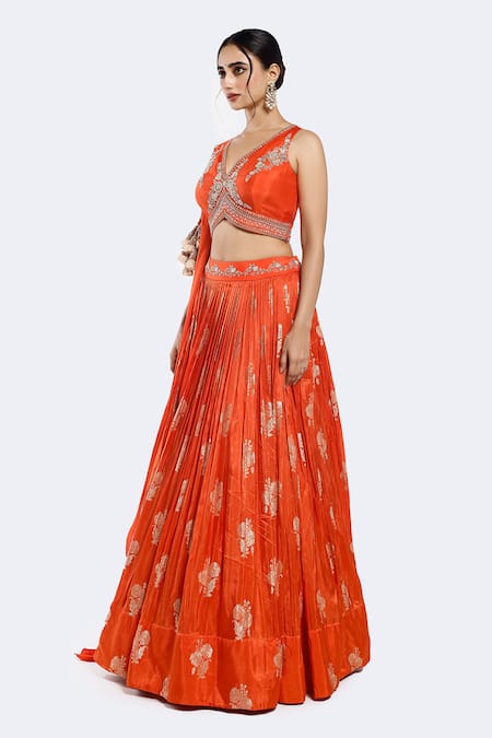Onaya Orange Brocade, Silk Pearls, Floral Patterned Lehenga With Embellished Blouse Online at Aza Fashions Onaya_Orange Brocade, Silk Pearls, Floral Patterned Lehenga With Embellished Blouse _Online_at_Aza_Fashions