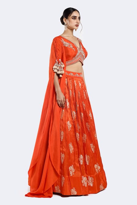 Buy Onaya Orange Brocade, Silk Pearls, Floral Patterned Lehenga With Embellished Blouse Online at Aza Fashions Buy_Onaya_Orange Brocade, Silk Pearls, Floral Patterned Lehenga With Embellished Blouse _Online_at_Aza_Fashions