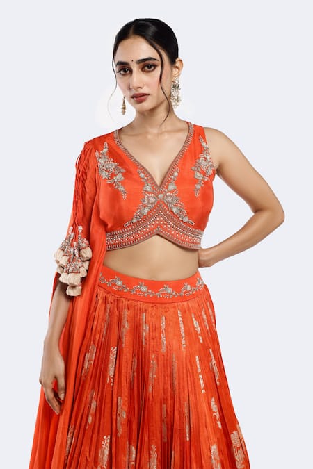 Shop Onaya Orange Brocade, Silk Pearls, Floral Patterned Lehenga With Embellished Blouse Online at Aza Fashions Shop_Onaya_Orange Brocade, Silk Pearls, Floral Patterned Lehenga With Embellished Blouse _Online_at_Aza_Fashions