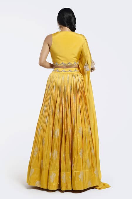 Shop Onaya Yellow Silk Pearls V-neck Floral Lehenga With Embellished Blouse at Aza Fashions Shop_Onaya_Yellow Silk Pearls V-neck Floral Lehenga With Embellished Blouse _at_Aza_Fashions