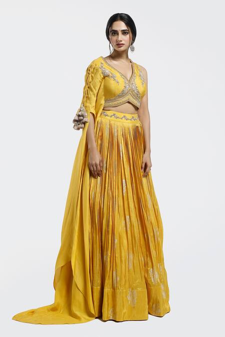 Onaya Yellow Silk Pearls V-neck Floral Lehenga With Embellished Blouse Online at Aza Fashions Onaya_Yellow Silk Pearls V-neck Floral Lehenga With Embellished Blouse _Online_at_Aza_Fashions
