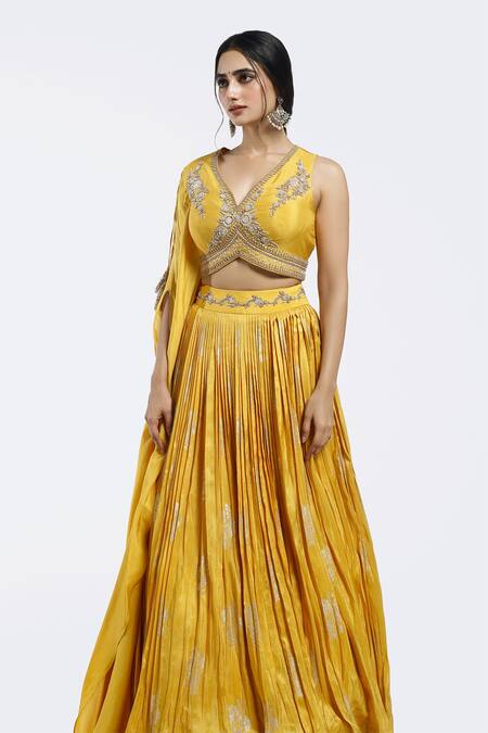 Buy Onaya Yellow Silk Pearls V-neck Floral Lehenga With Embellished Blouse Online at Aza Fashions Buy_Onaya_Yellow Silk Pearls V-neck Floral Lehenga With Embellished Blouse _Online_at_Aza_Fashions