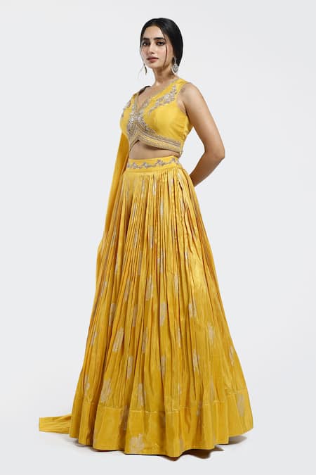 Shop Onaya Yellow Silk Pearls V-neck Floral Lehenga With Embellished Blouse Online at Aza Fashions Shop_Onaya_Yellow Silk Pearls V-neck Floral Lehenga With Embellished Blouse _Online_at_Aza_Fashions