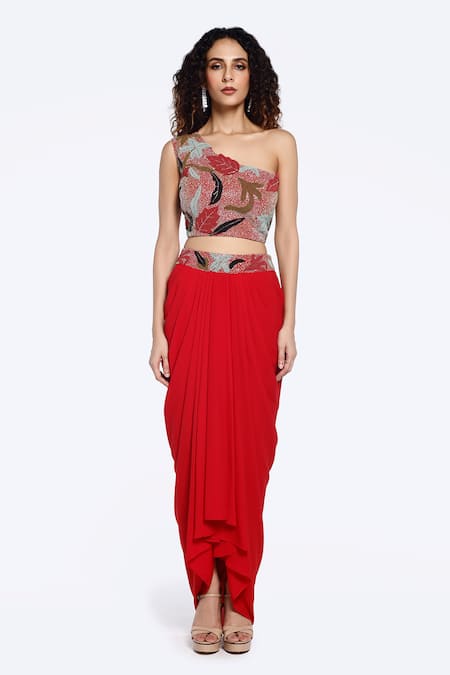 Onaya Cheed Embellished Crop Top With Draped Skirt 