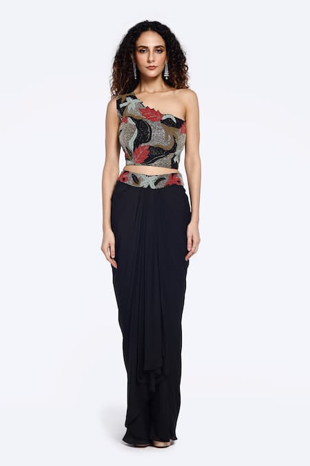 Onaya Bead Embellished Crop Top With Draped Skirt 