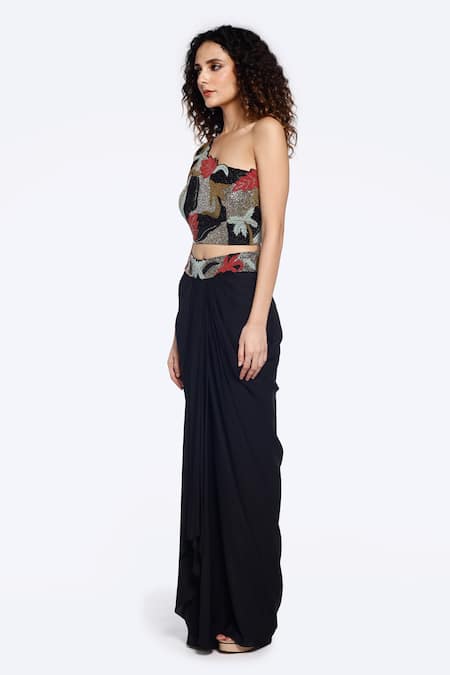 Onaya_Black Georgette Beads, Embroidery One Embellished Crop Top With Draped Skirt_Online_at_Aza_Fashions