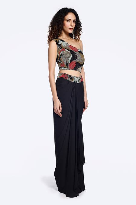 Buy_Onaya_Black Georgette Beads, Embroidery One Embellished Crop Top With Draped Skirt_Online_at_Aza_Fashions