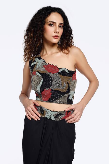 Shop_Onaya_Black Georgette Beads, Embroidery One Embellished Crop Top With Draped Skirt_Online_at_Aza_Fashions