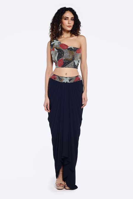 Onaya Foliage Embellished Crop Top With Draped Skirt 