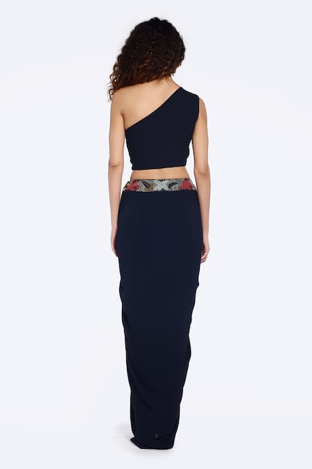 Shop Onaya Blue Georgette Beads One Shoulder Foliage Embellished Crop Top With Draped Skirt at Aza Fashions Shop_Onaya_Blue Georgette Beads One Shoulder Foliage Embellished Crop Top With Draped Skirt _at_Aza_Fashions