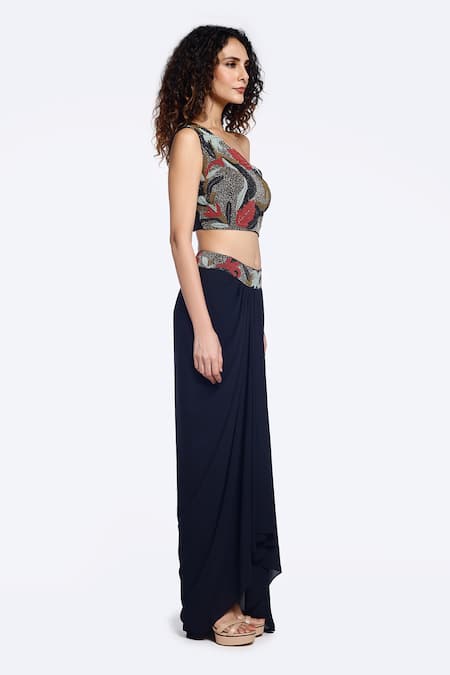 Buy Onaya Blue Georgette Beads One Shoulder Foliage Embellished Crop Top With Draped Skirt Online at Aza Fashions Buy_Onaya_Blue Georgette Beads One Shoulder Foliage Embellished Crop Top With Draped Skirt _Online_at_Aza_Fashions