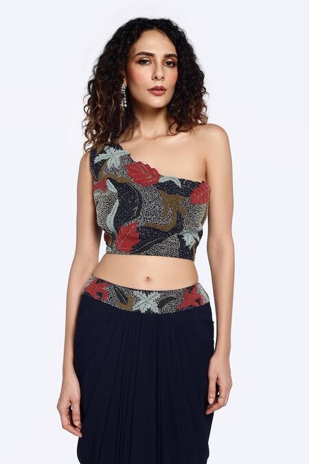 Shop Onaya Blue Georgette Beads One Shoulder Foliage Embellished Crop Top With Draped Skirt Online at Aza Fashions Shop_Onaya_Blue Georgette Beads One Shoulder Foliage Embellished Crop Top With Draped Skirt _Online_at_Aza_Fashions