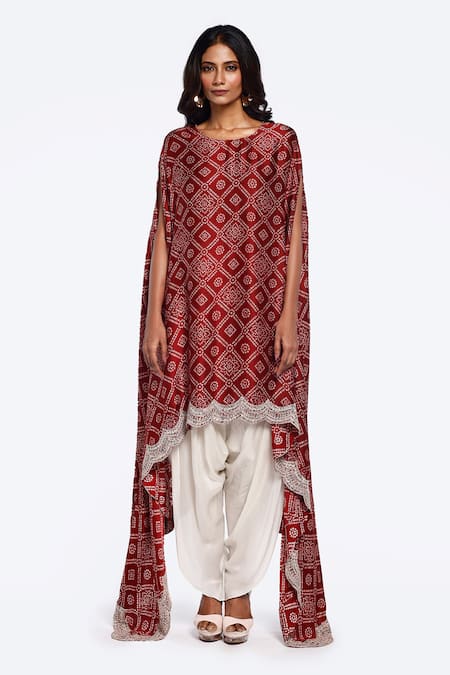 Onaya Bandhani Print Asymmetric Kaftan Dhoti Pant Set 