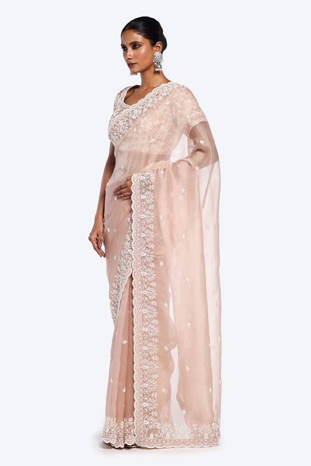 Onaya_Pink Organza Embroidered Pearl Round Saree With Blouse _Online_at_Aza_Fashions