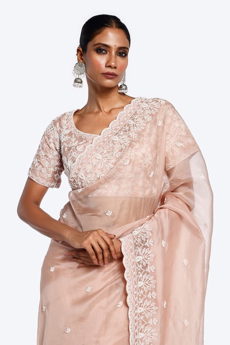 Shop_Onaya_Pink Organza Embroidered Pearl Round Saree With Blouse _Online_at_Aza_Fashions