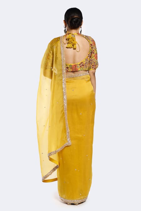 Shop Onaya Yellow Organza Embellished Bead Round Sequin Saree With Floral Blouse at Aza Fashions Shop_Onaya_Yellow Organza Embellished Bead Round Sequin Saree With Floral Blouse _at_Aza_Fashions