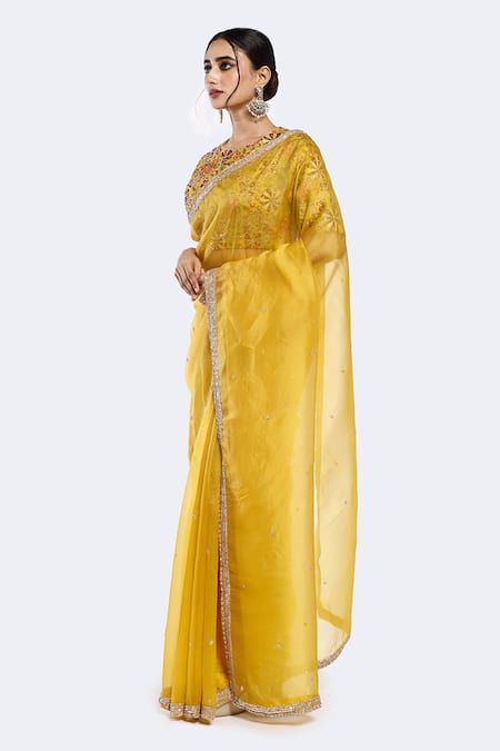 Onaya Yellow Organza Embellished Bead Round Sequin Saree With Floral Blouse Online at Aza Fashions Onaya_Yellow Organza Embellished Bead Round Sequin Saree With Floral Blouse _Online_at_Aza_Fashions