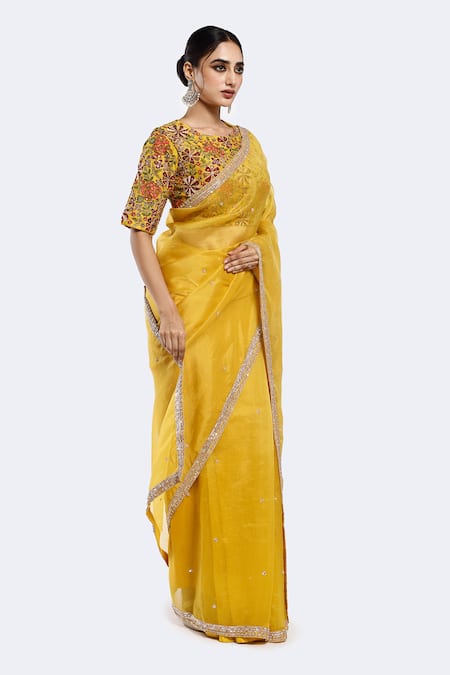 Buy Onaya Yellow Organza Embellished Bead Round Sequin Saree With Floral Blouse Online at Aza Fashions Buy_Onaya_Yellow Organza Embellished Bead Round Sequin Saree With Floral Blouse _Online_at_Aza_Fashions