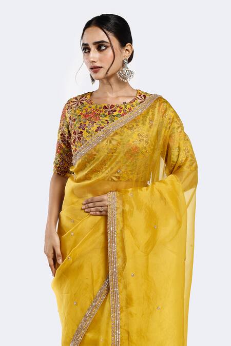 Shop Onaya Yellow Organza Embellished Bead Round Sequin Saree With Floral Blouse Online at Aza Fashions Shop_Onaya_Yellow Organza Embellished Bead Round Sequin Saree With Floral Blouse _Online_at_Aza_Fashions