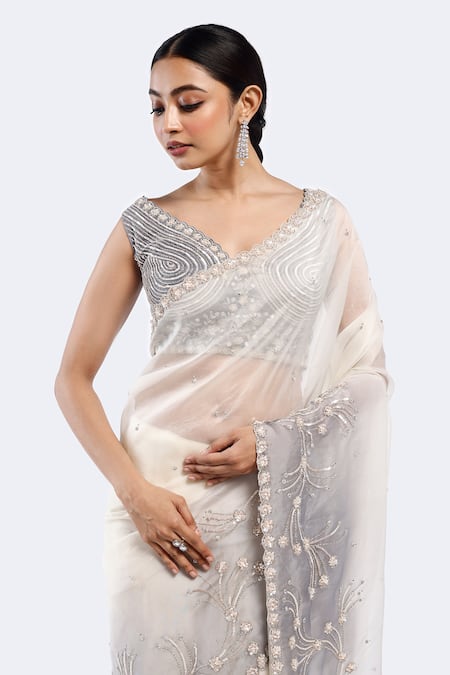 Onaya_Off White Organza Sequins, Beads V-neck Embellished Ombre Saree With Blouse _Online_at_Aza_Fashions