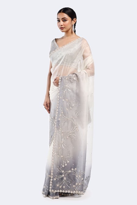Buy_Onaya_Off White Organza Sequins, Beads V-neck Embellished Ombre Saree With Blouse _Online_at_Aza_Fashions