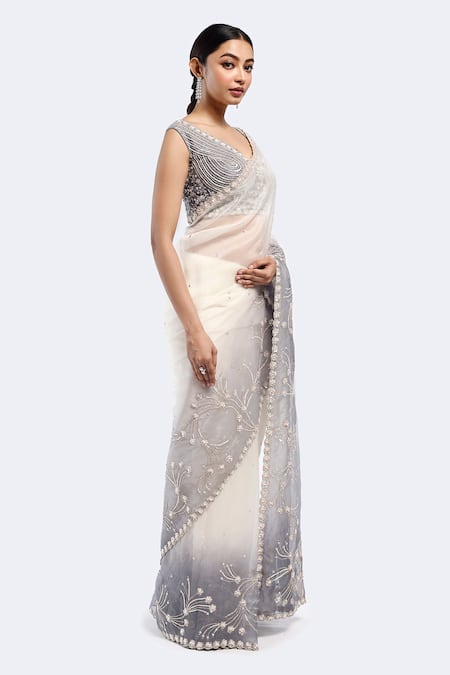 Shop_Onaya_Off White Organza Sequins, Beads V-neck Embellished Ombre Saree With Blouse _Online_at_Aza_Fashions