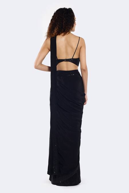 Shop Onaya Black Crepe Sequins Placement Embellished Pre-draped Saree With Blouse at Aza Fashions Shop_Onaya_Black Crepe Sequins Placement Embellished Pre-draped Saree With Blouse_at_Aza_Fashions